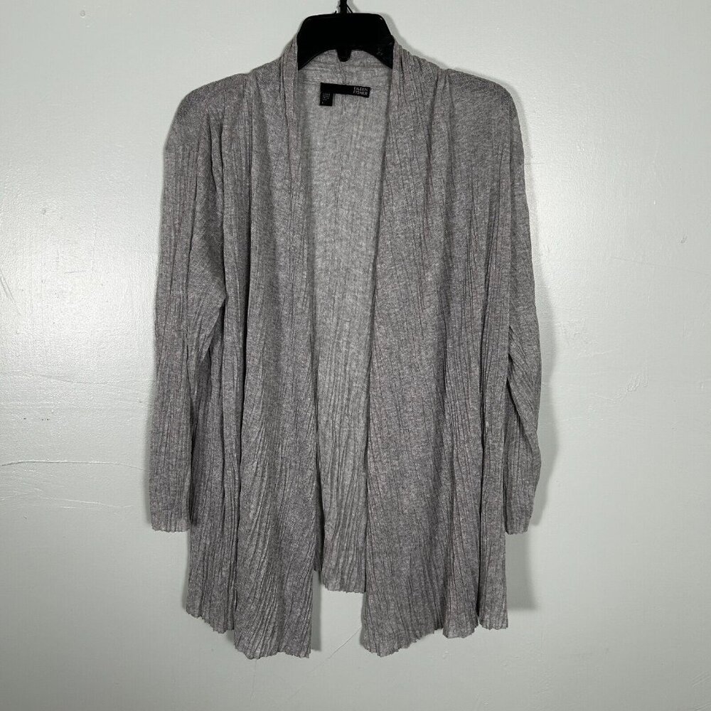Eileen Fisher Sweater Women Large Crinkle Sheer Open Front Italian Yarn Cardigan